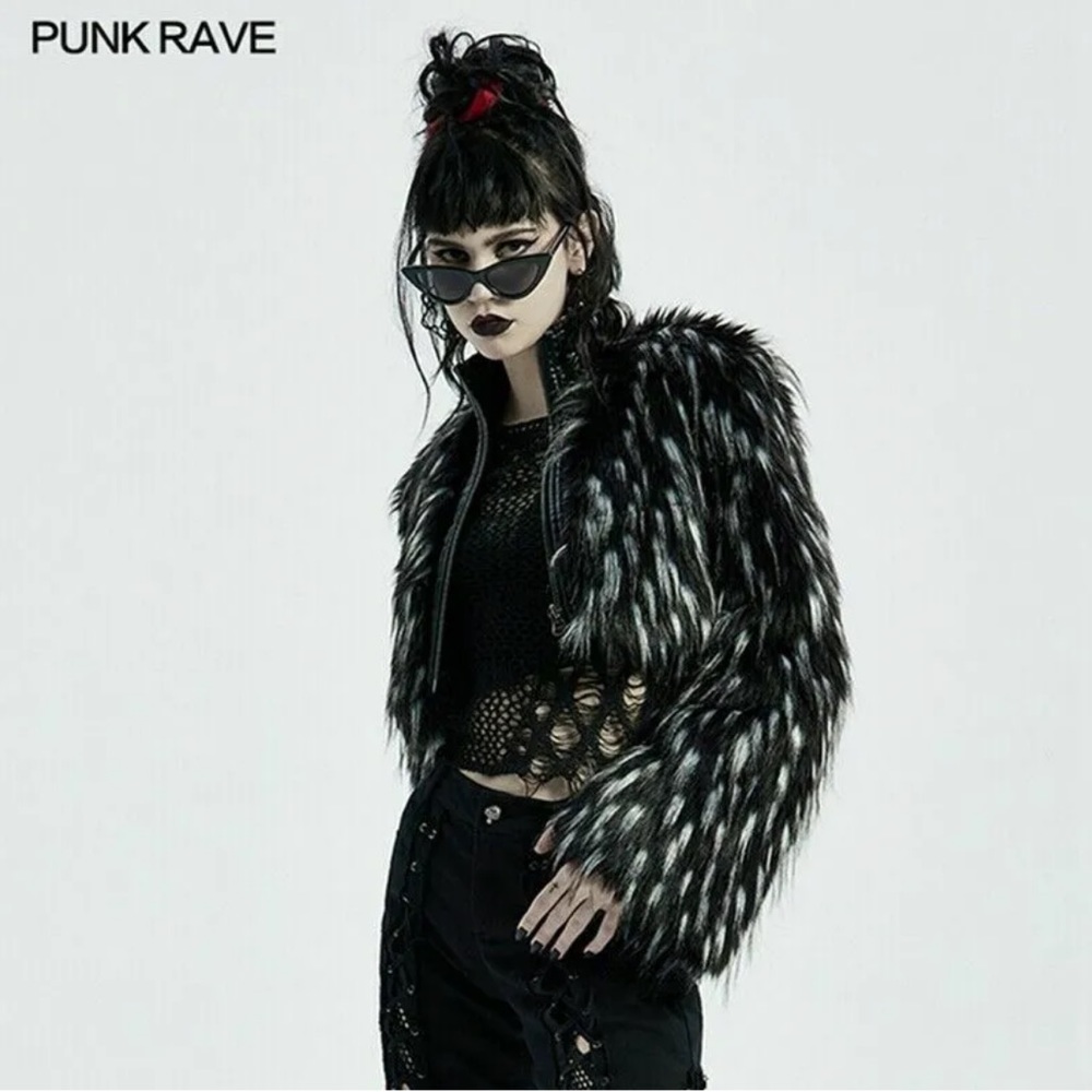 Punk Rave Gothic Black White Cropped Fur Jacket - Picture 3 of 15